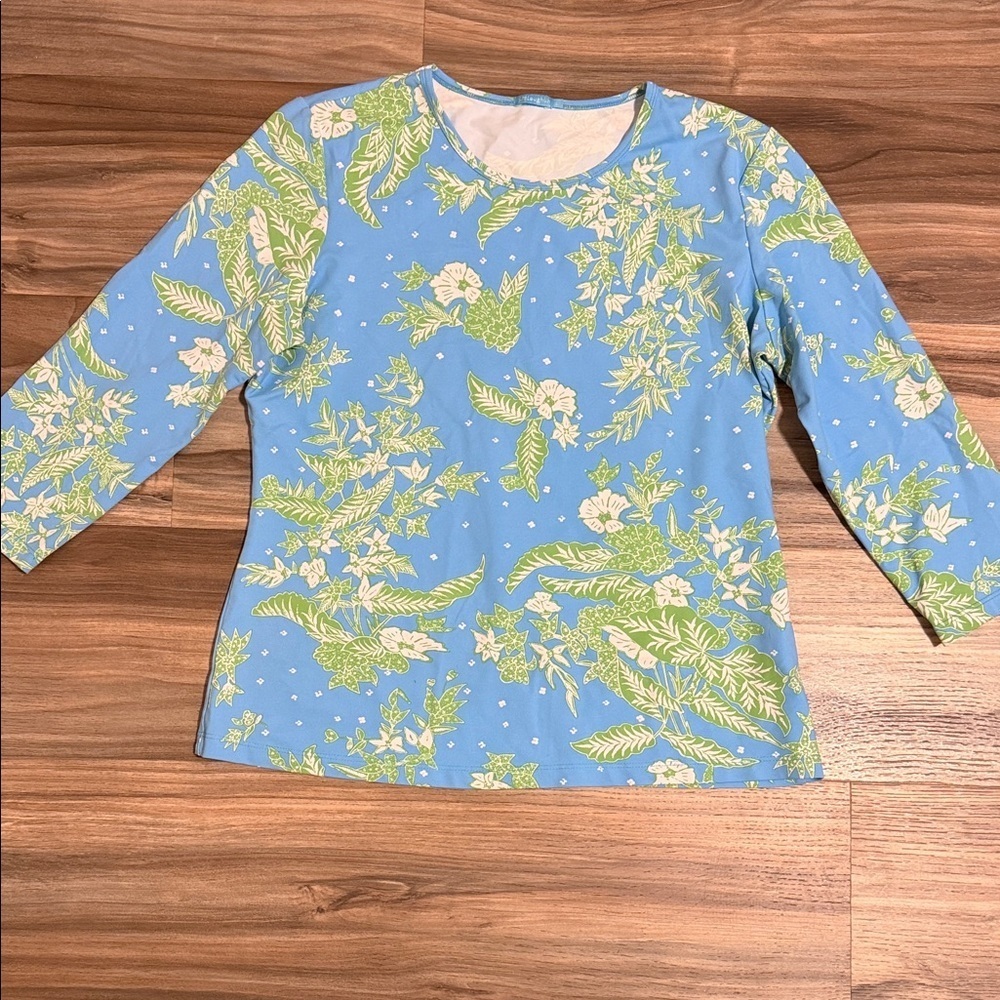 J McLaughlin Top Womens Large Blue Green Floral 3/4 Sleeve Crewneck Nylon